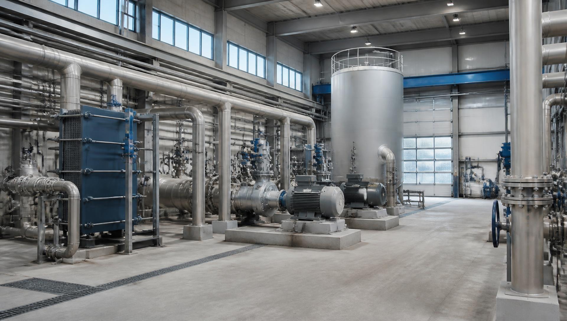 Industrial plant room with pump sets, pipework and valves